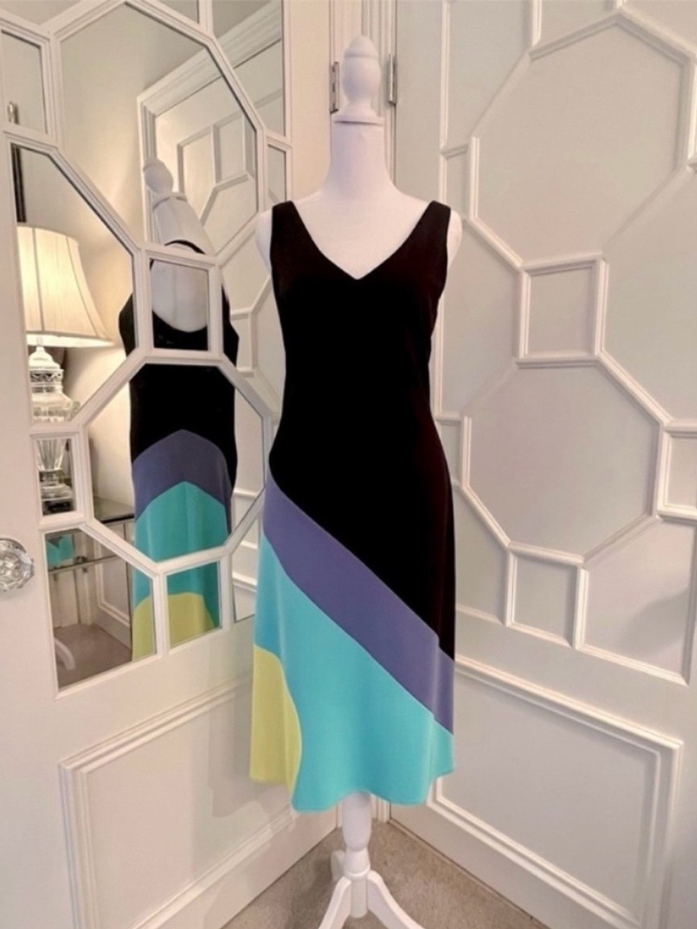 LAUNDRY Shelli Segal Colorblock V-Neck Black-Teal-Purple-Yellow Dress - Size 8
